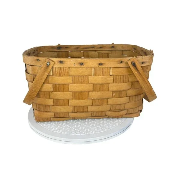 Vtg Basketville Woven Wood Picnic Basket Swing Handles Farmhouse Rustic Decor - Picture 4 of 16
